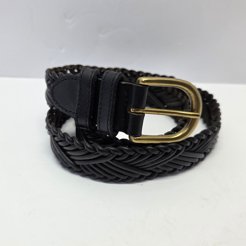 VTG Fossil Braided Leather Belt Medium Black Solid Brass Buckle 90s Classic Prep